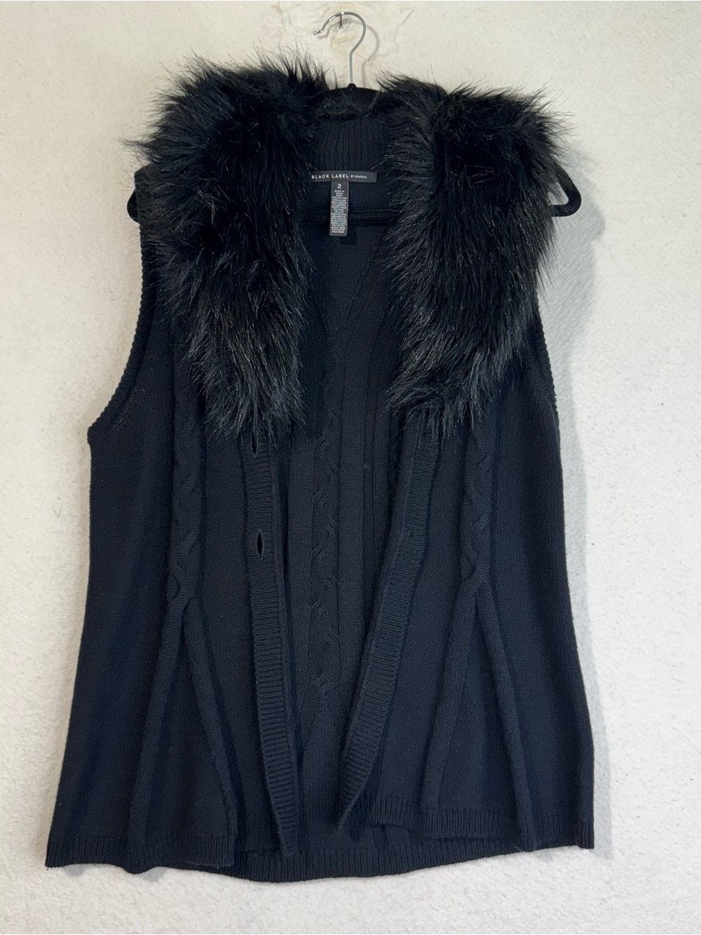 Chico’s Black Label Cable Knit Vest Removable Faux Fur Collar Large 90s Grunge